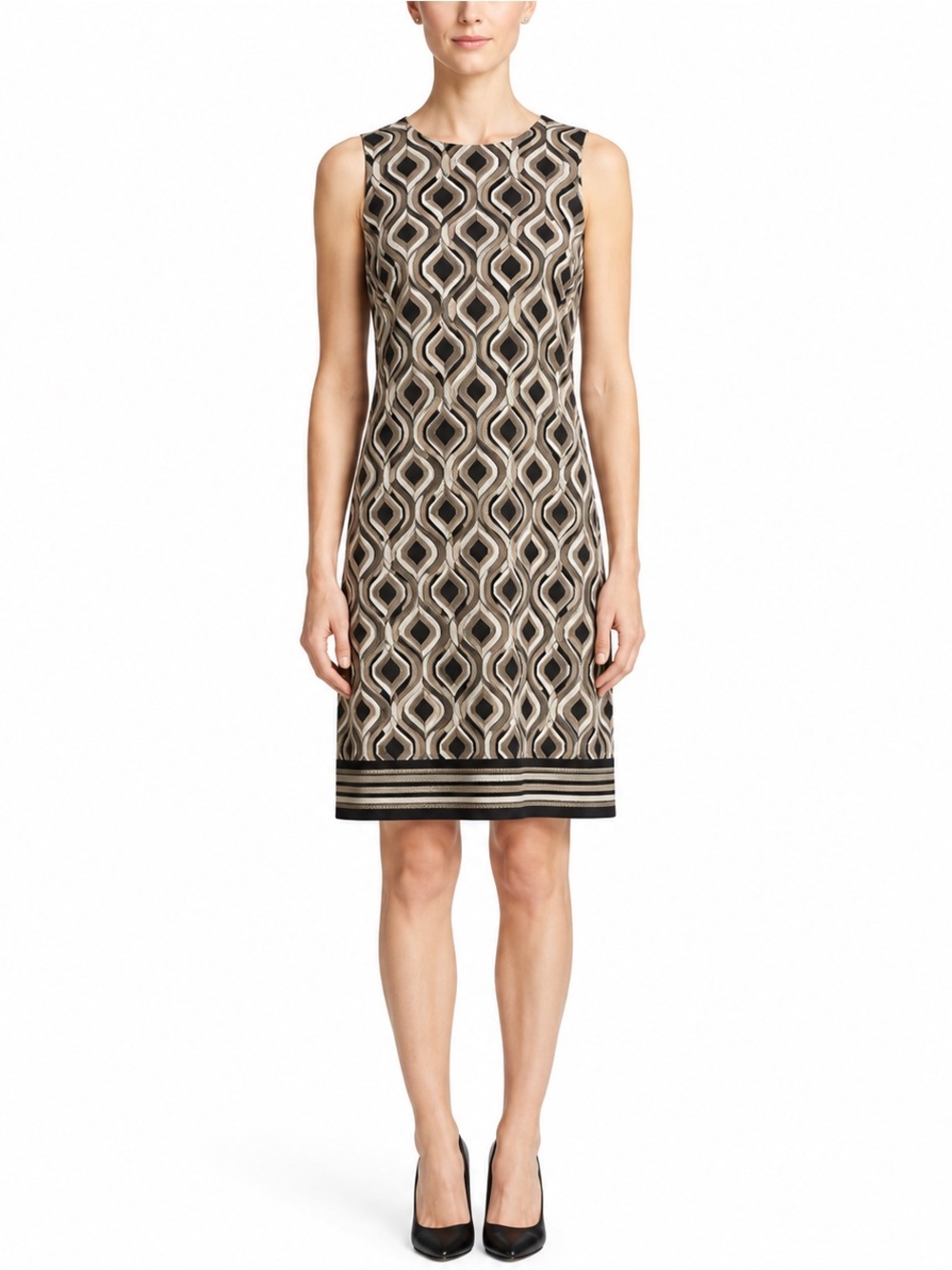 New NWT Tahari SMALL Olive Black Geometric Sleeveless Jersey Shift Mod Dress $88